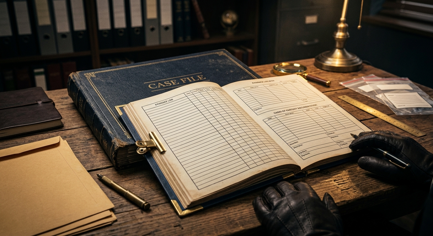 Evidence log and chain-of-custody documentation spread across a case file on an investigator's desk