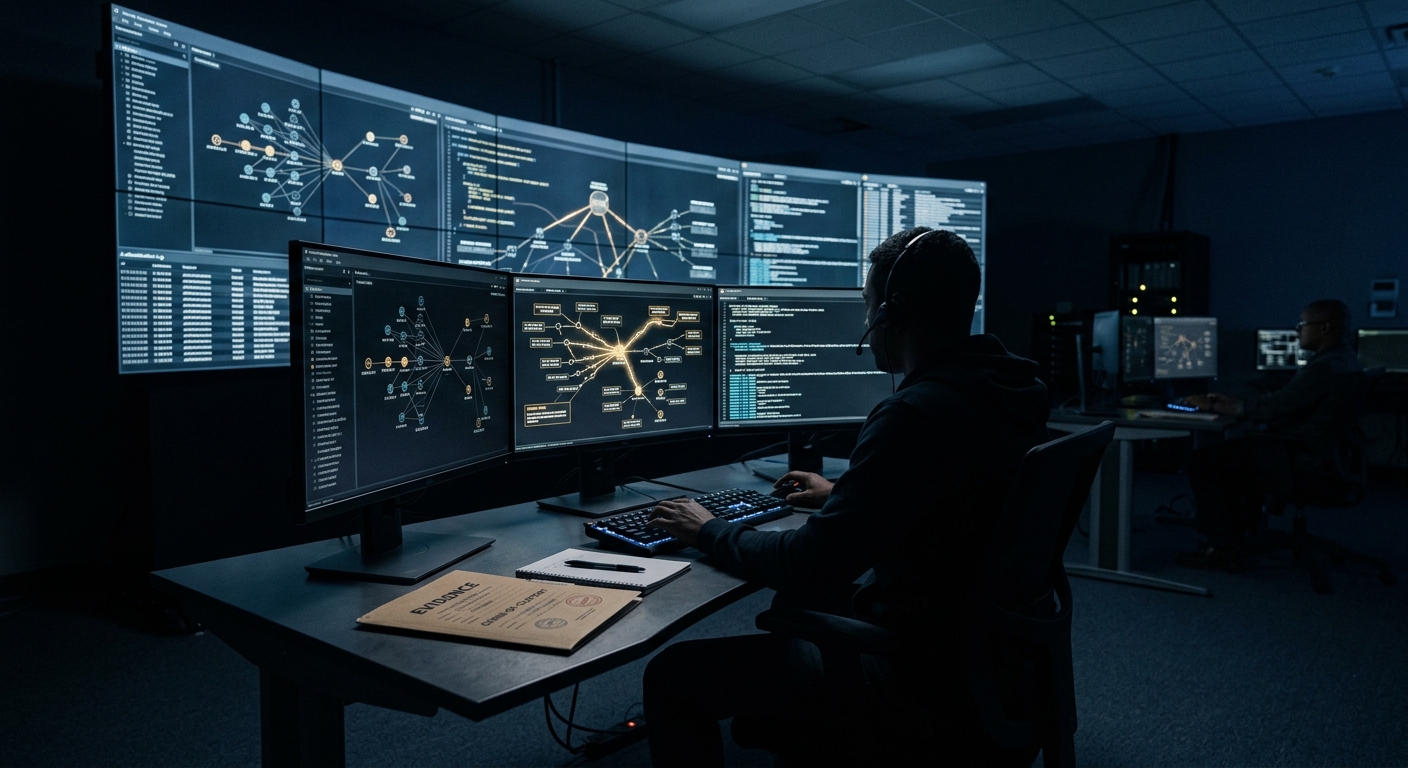 Cybersecurity investigator reviewing network intrusion and authentication logs in a dark operations center