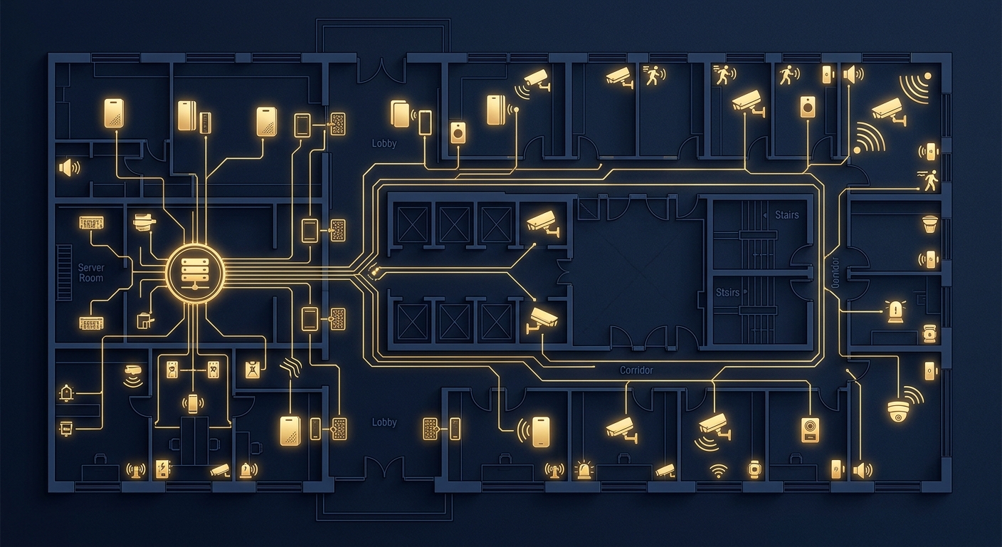 Access control, video analytics, and alarm system design layout representing integrated security technology planning