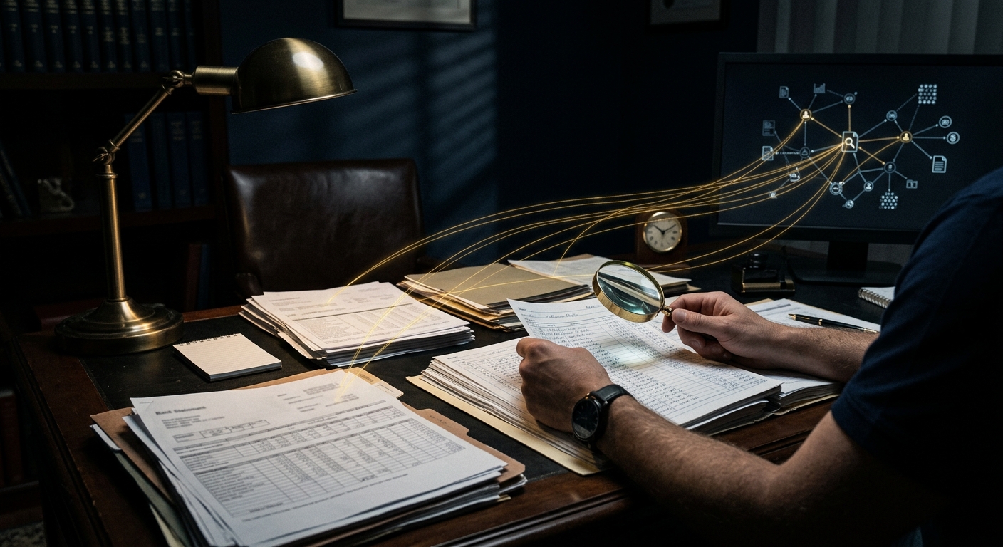 Forensic financial investigator reviewing ledgers and fund-flow records to uncover hidden assets in Arizona