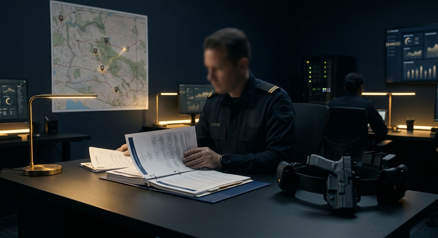 Arizona armed security supervisor reviewing use-of-force policy and post orders