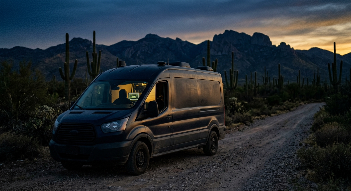Discreet private investigator surveillance operation at dusk in the Tucson desert