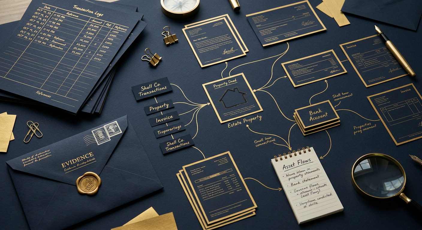 Asset tracing and forensic accounting map connecting concealed funds to sources