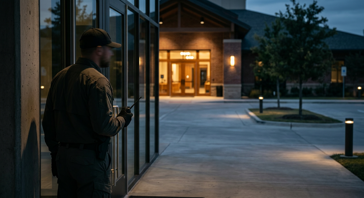 Discreet professional church security overseeing a house of worship entrance and parking lot