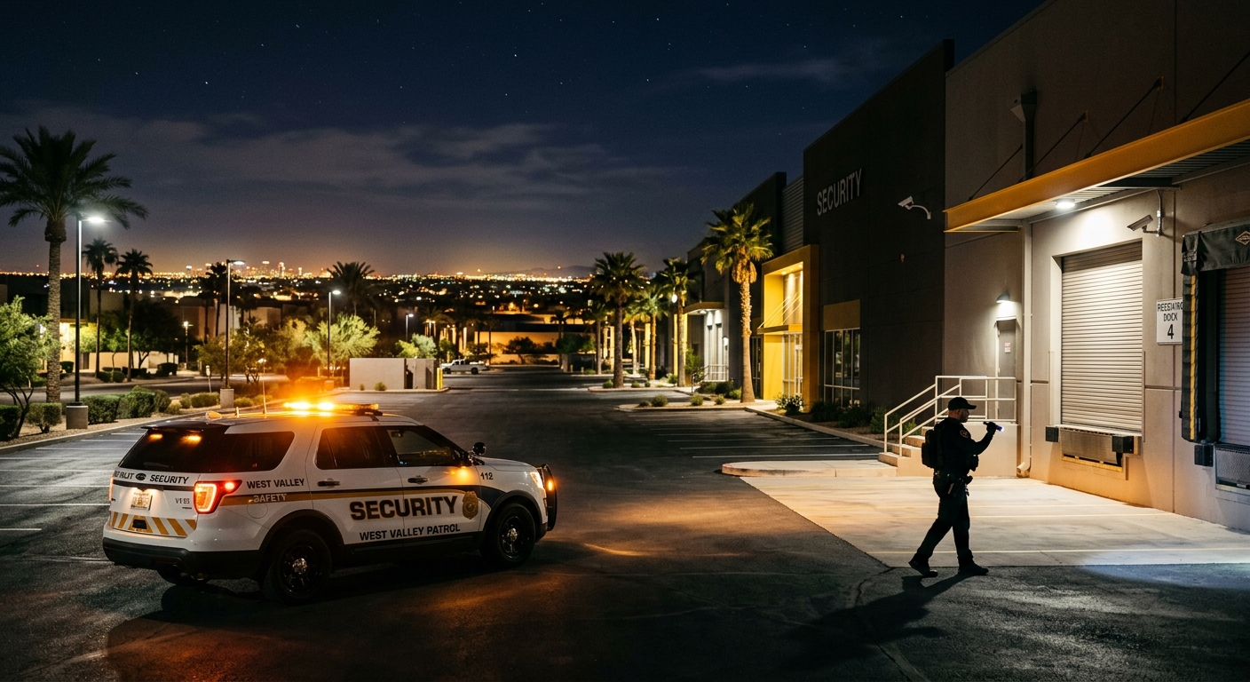 Mobile patrol security vehicle conducting a night perimeter check at a Peoria Arizona commercial property