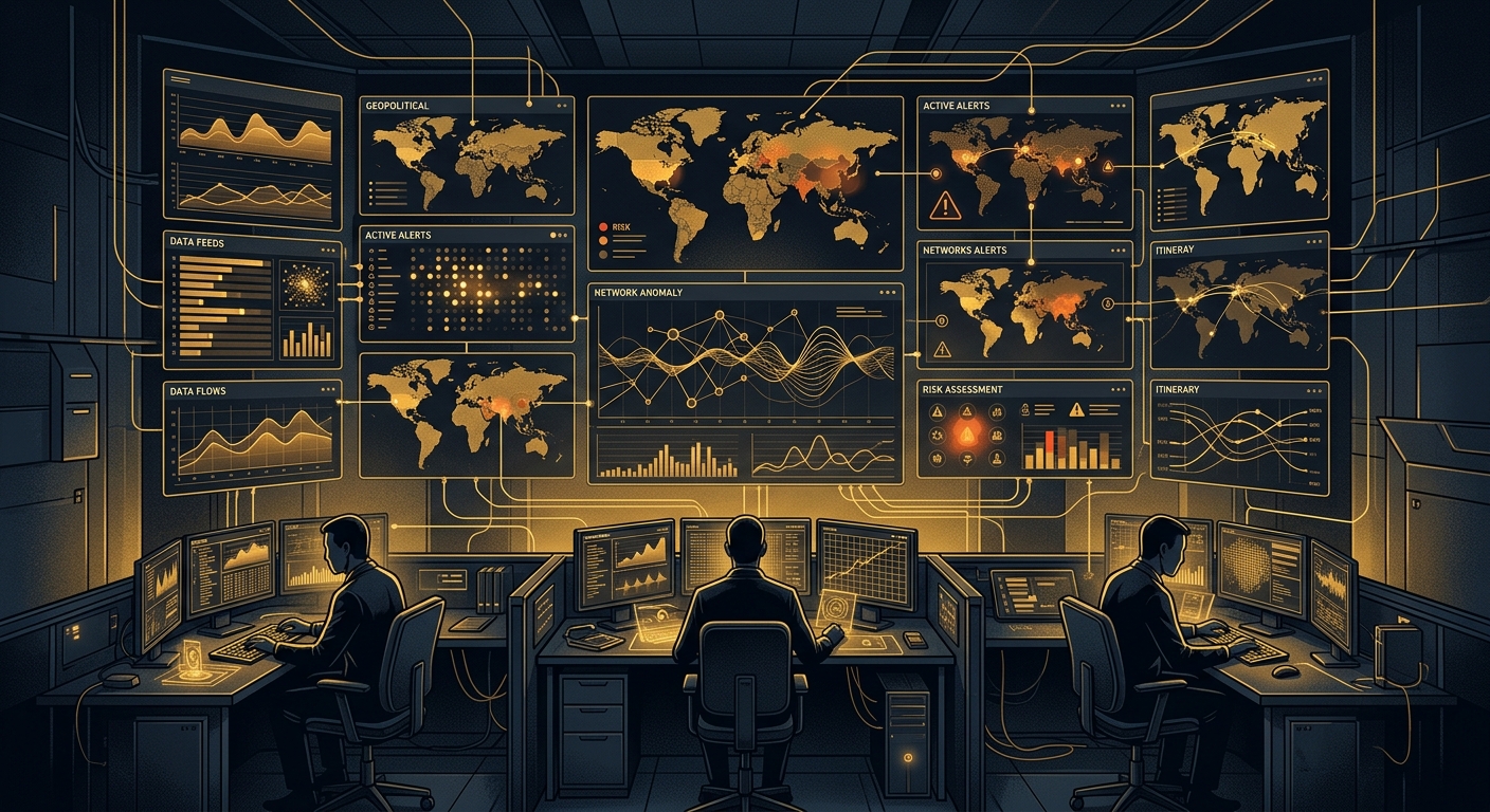 Intelligence fusion desk monitoring converged geopolitical, cyber, and travel risk signals