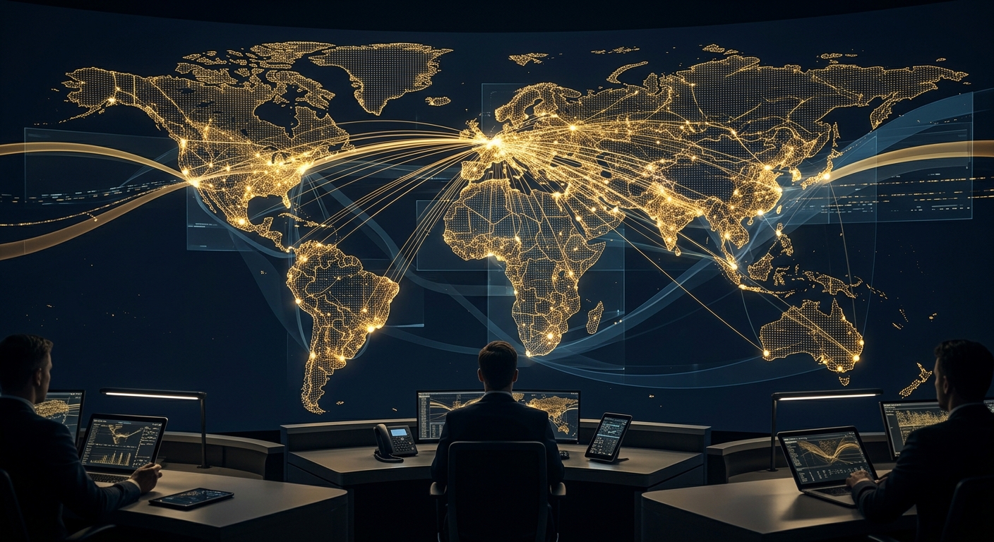 Global threat assessment operations concept showing converged physical and cyber risk in navy and gold