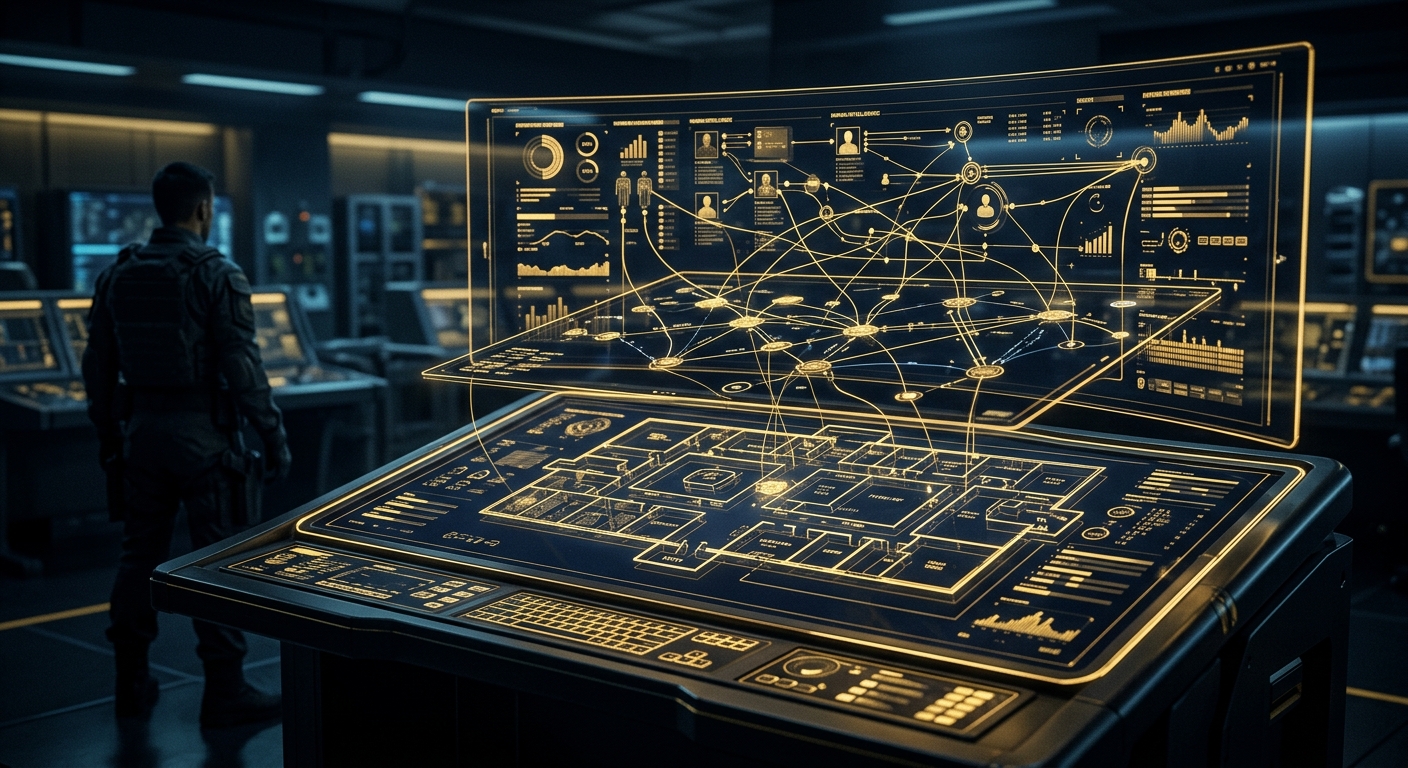 Integrated physical, cyber, and intelligence security operations concept in navy and gold