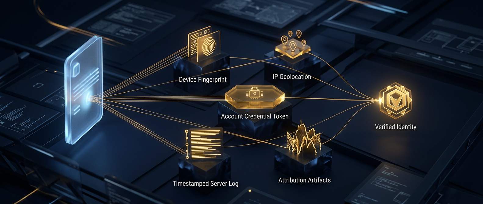 Social media post linked by gold threads to device, IP, account, and server-log attribution artifacts converging on a verified identity in navy and gold