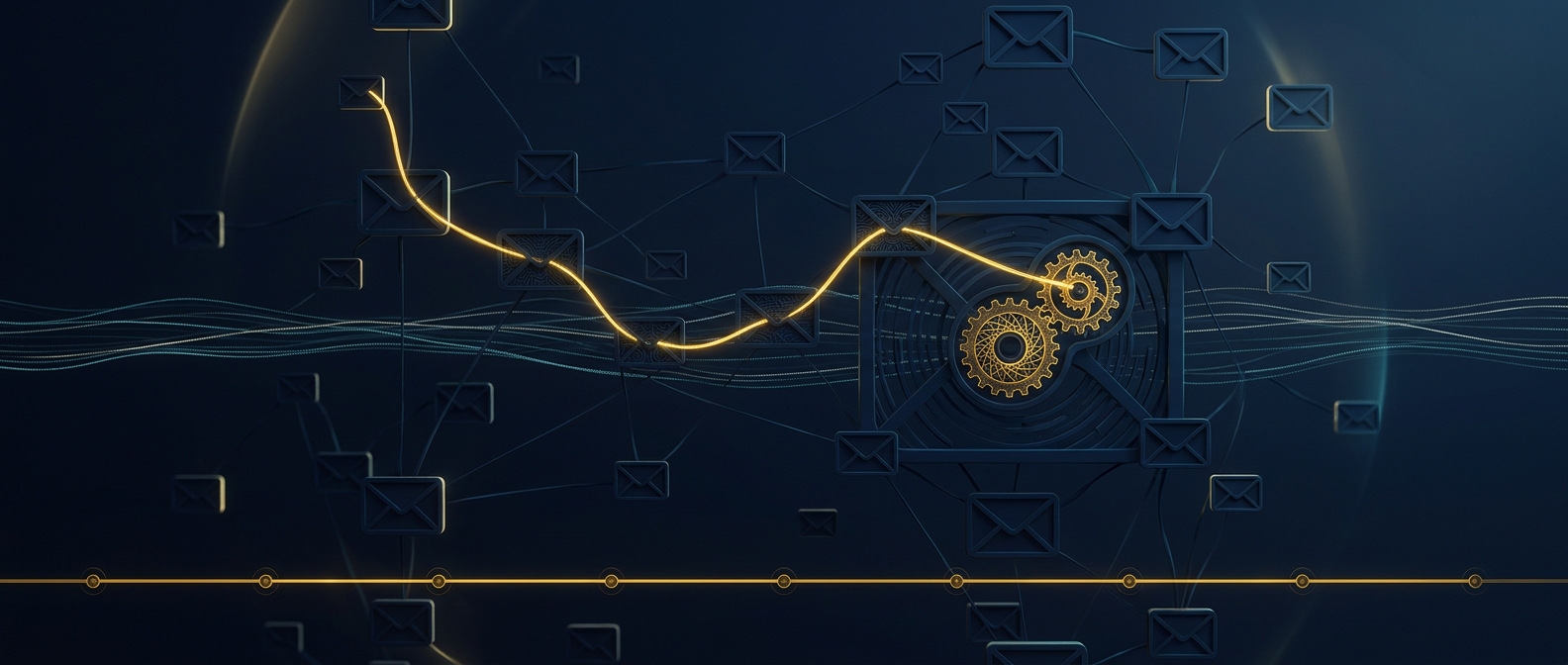Business email compromise investigation concept showing an intrusion path through hidden mailbox rules and OAuth token abuse over a log timeline in navy and gold