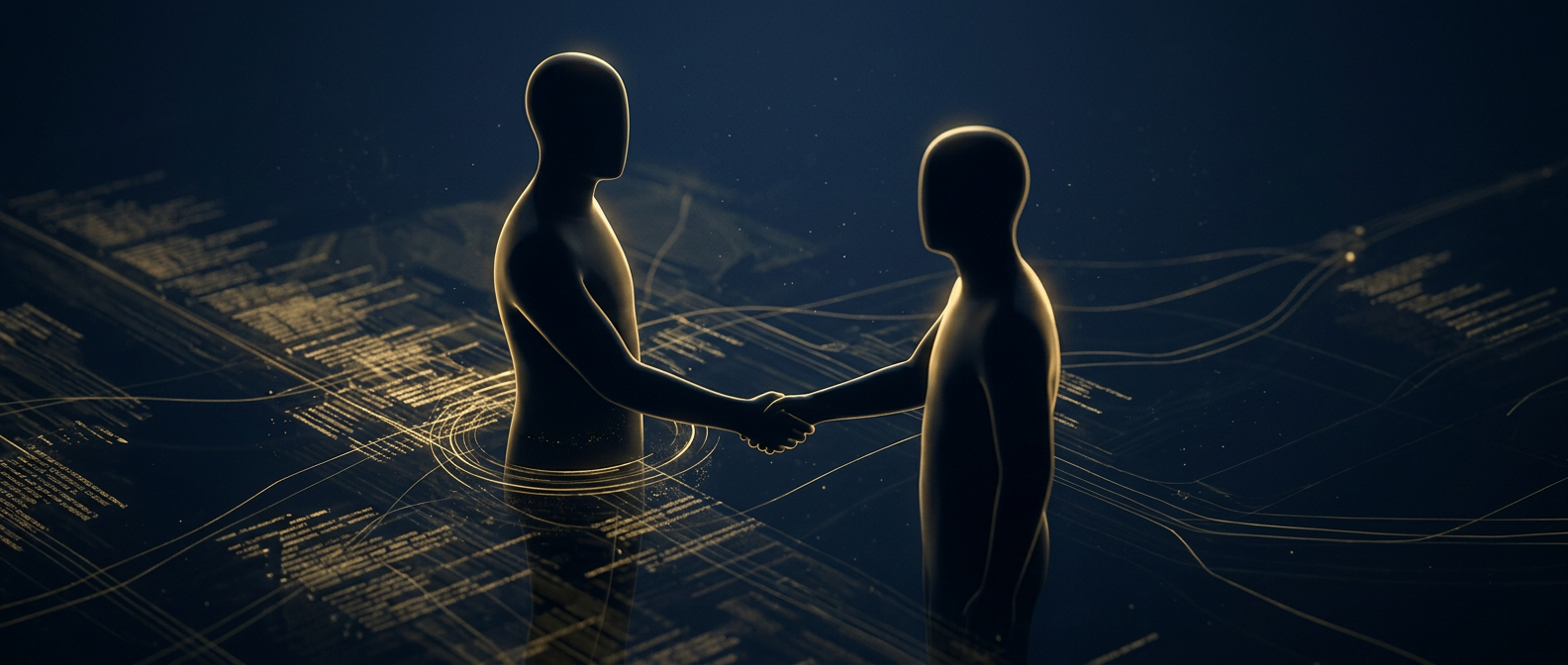 Business partner background investigation concept showing a prospective partner's litigation, hidden businesses, and financial history surfacing before a handshake in navy and gold