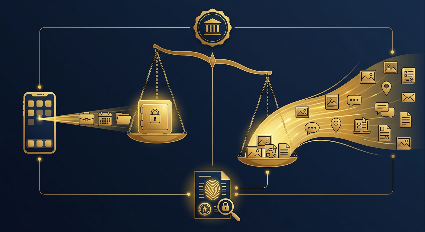 Remote container-only collection versus full physical imaging of a personal device, balanced by legal authority and converging on a hash-verified report