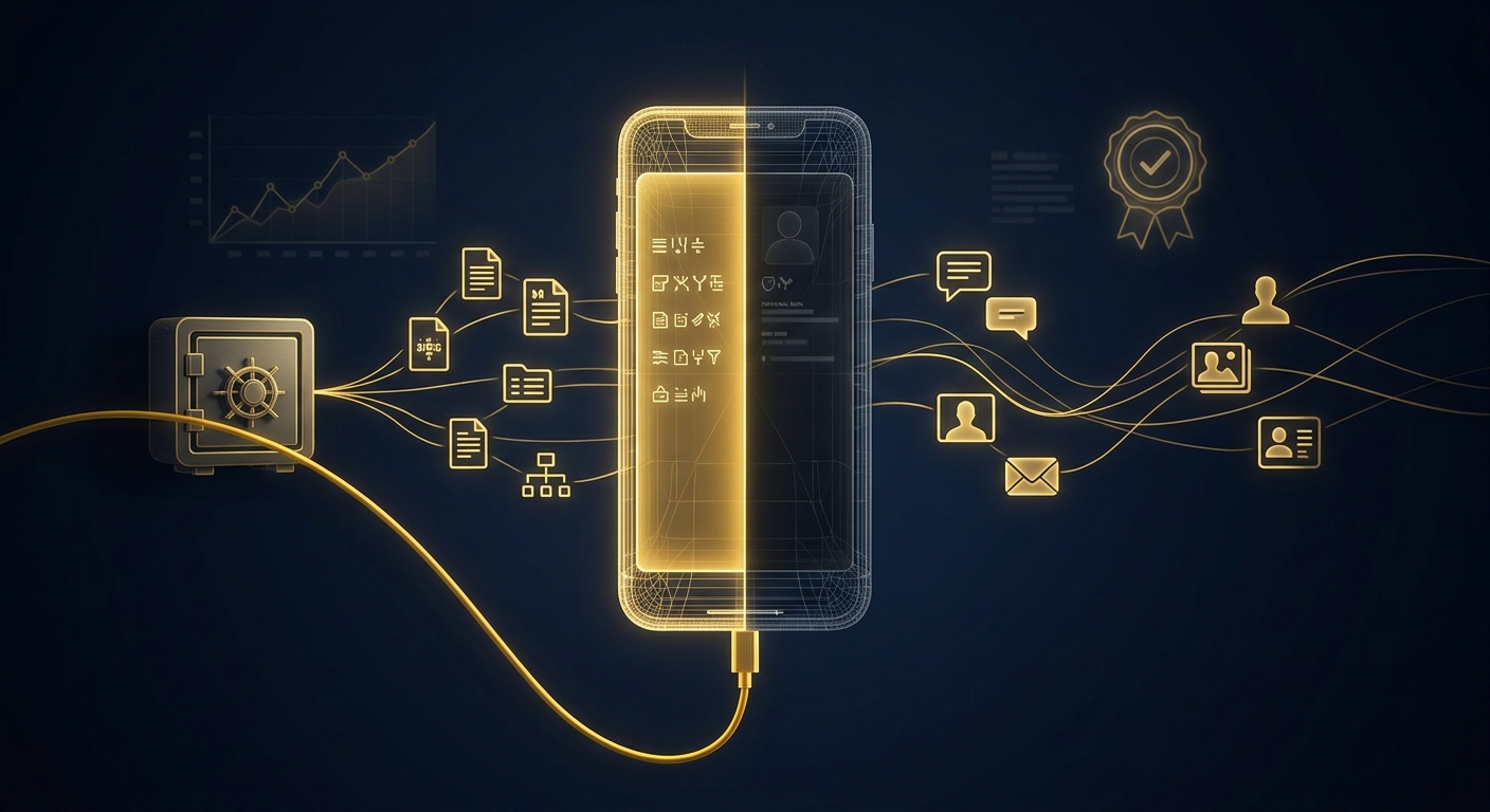 BYOD forensics concept showing a wireframe smartphone split into a gold work container and a shadowed personal zone linked to an evidence vault in navy and gold