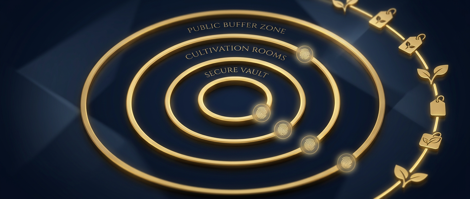 Layered access-zoning concept for a cannabis grow facility with nested security zones and a seed-to-sale plant-tag chain in navy and gold