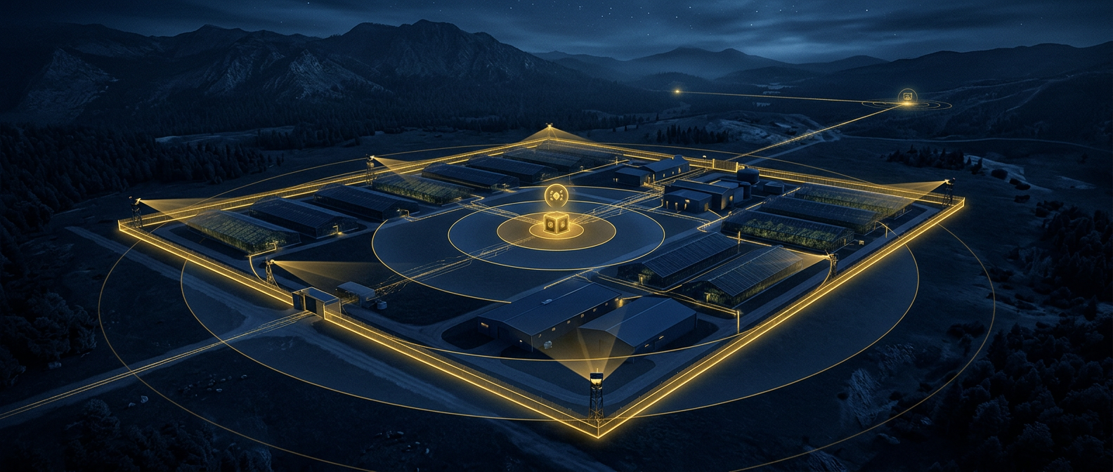 Cannabis cultivation facility security concept showing a fenced greenhouse complex with a gold perimeter line, camera coverage, and layered access zones in navy and gold