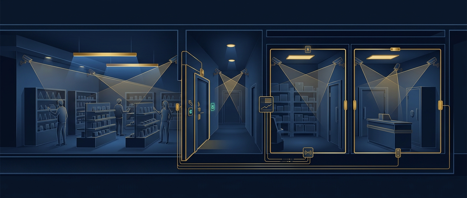 Cutaway concept of a cannabis dispensary showing secured zones from retail floor to product vault and cash room with camera sightlines in navy and gold
