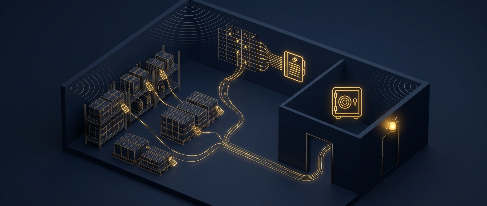 Denver dispensary back room showing time-lock safe, duress alarm, camera arcs, and tagged product linked to a track-and-trace ledger in navy and gold