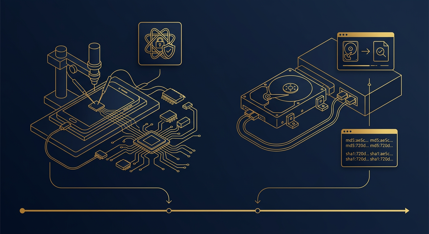 Mobile chip-off extraction bench beside a write-blocked disk imaging setup producing verified forensic evidence