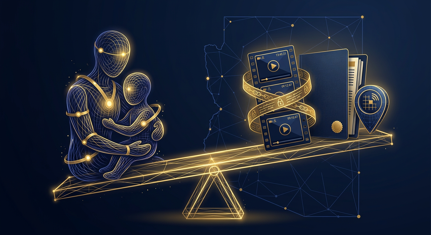 Discreet family-court surveillance concept in navy and gold showing a long-lens camera observing a public park handoff on a chain-of-custody video timeline