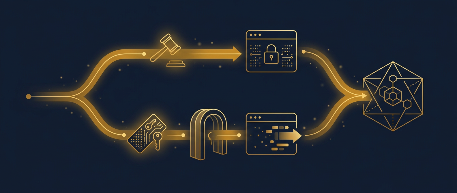 Two lawful acquisition pathways, warrant return and authenticated consent, converging on a hash-verified cloud evidence container in navy and gold