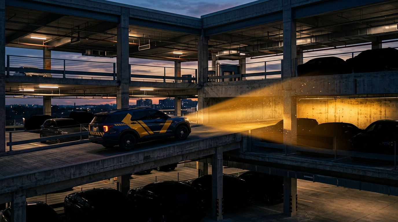 Conceptual view of a roving officer patrolling a commercial parking structure at dusk in navy and gold tones
