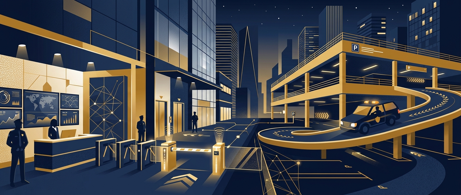 Conceptual illustration of commercial property security operations covering lobby access control and parking patrol in navy and gold