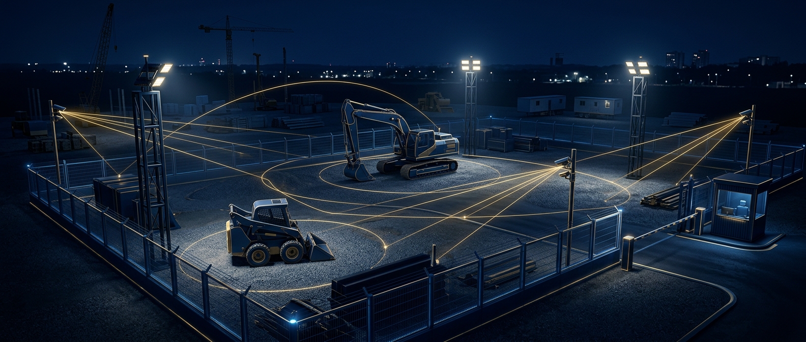 Nighttime construction site with heavy equipment inside a hardened perimeter fence, controlled gate, tower lighting, and GPS-tracking arcs in navy and gold