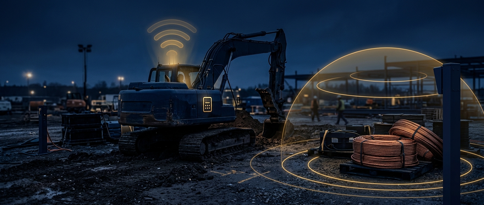 Heavy equipment and coiled copper wiring on a construction site at dusk with a PIN-plate icon, GPS-signal glow, and camera coverage arcs in navy and gold