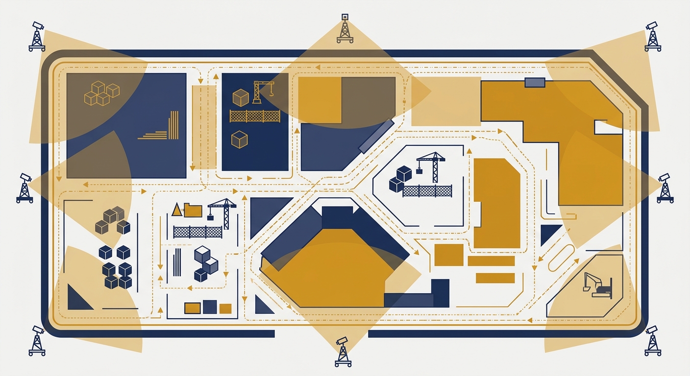 Abstract navy and gold overhead view of a Phoenix construction site perimeter with mobile surveillance tower coverage cones and patrol routes