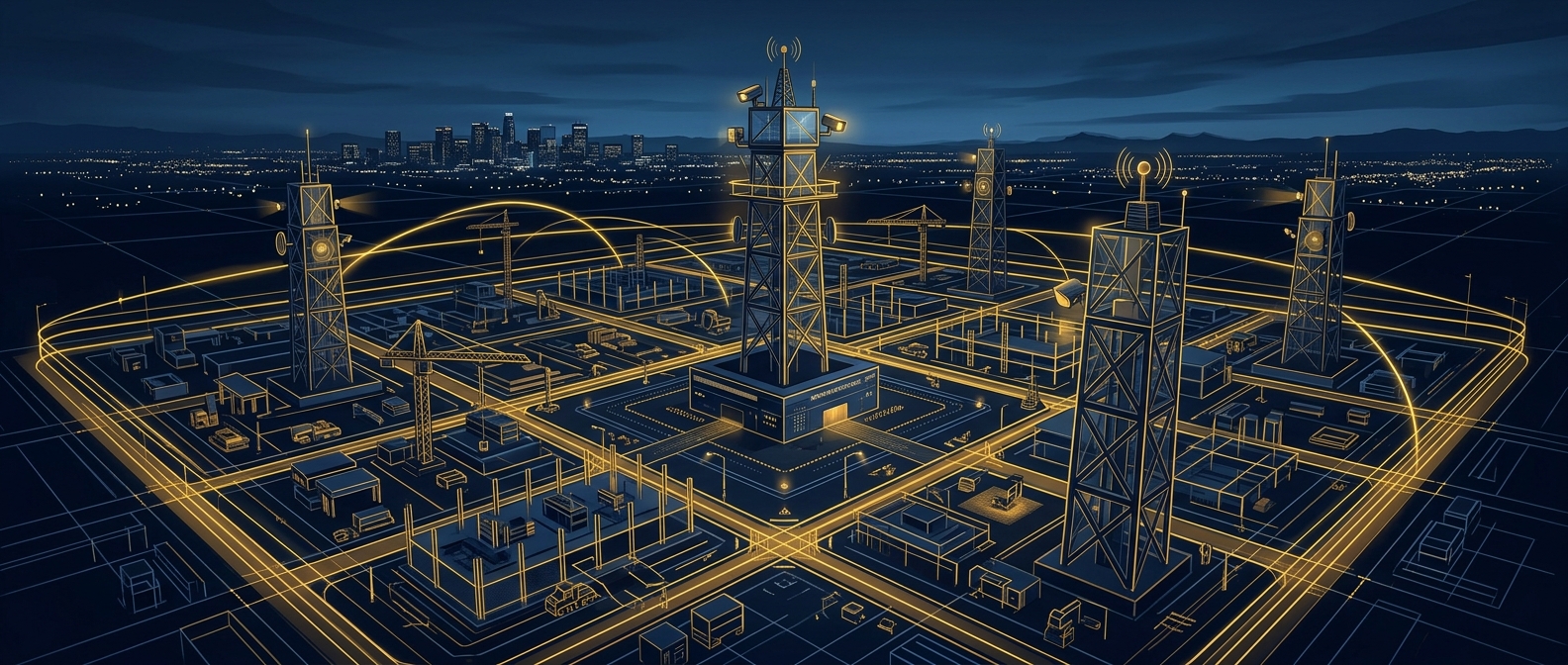 Abstract navy and gold conceptual banner of a Phoenix construction jobsite protected by surveillance towers and patrol perimeter