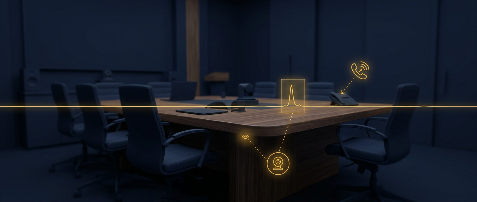 TSCM bug-sweep concept showing a signal spectrum across a boardroom with an anomalous eavesdropping-device spike isolated in navy and gold