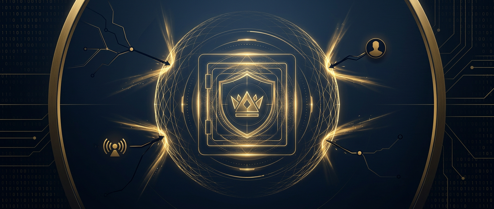 Corporate counterintelligence concept showing protected crown-jewel information deflecting competitor, foreign-intelligence, insider, and technical collection vectors in navy and gold