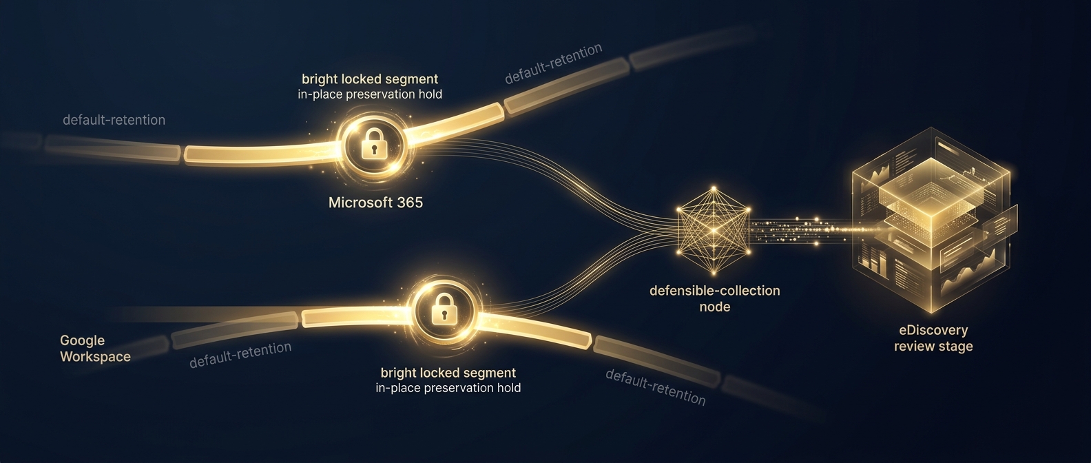 Comparison of Microsoft 365 and Google Workspace preservation holds and defensible collection feeding eDiscovery review, in navy and gold