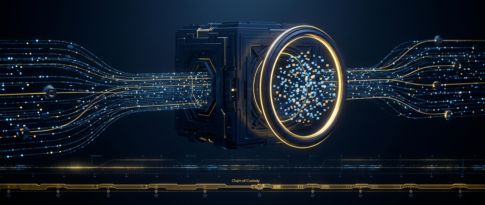 Corporate email forensics concept showing message nodes flowing through a journaling vault and a glowing legal-hold ring freezing a subset of messages, in navy and gold