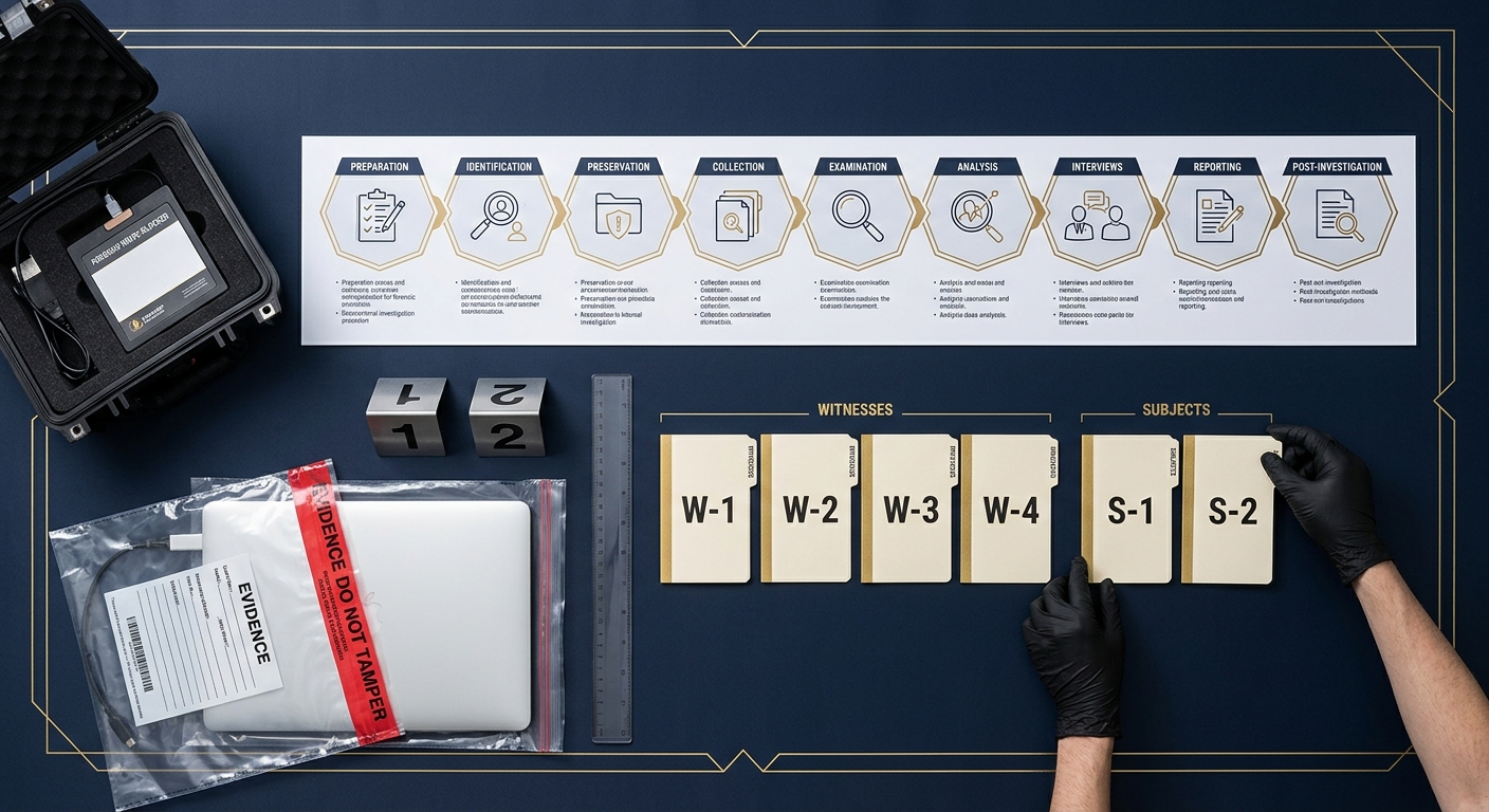 Internal investigation workflow timeline with sealed evidence, a forensic write-blocker, and interviews sequenced in order