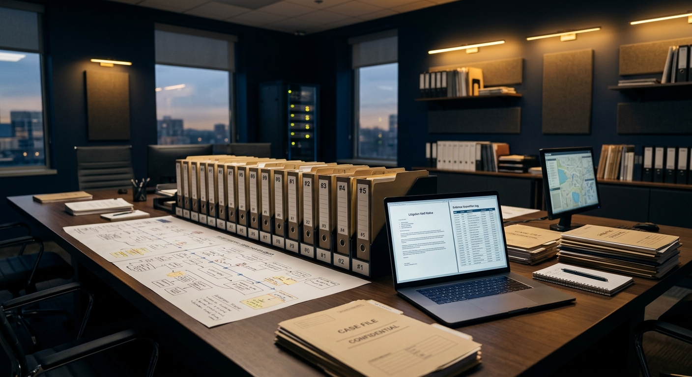 Corporate internal investigation command room showing an investigation plan, sequenced witness folders, and an evidence acquisition log