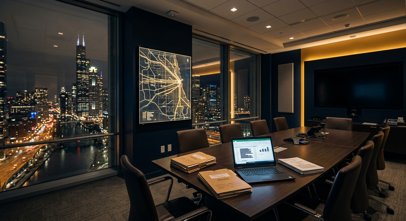 Discreet Chicago corporate investigations command room with sealed evidence folders, a vendor master file, and a forensic procurement ledger overlooking the Loop skyline