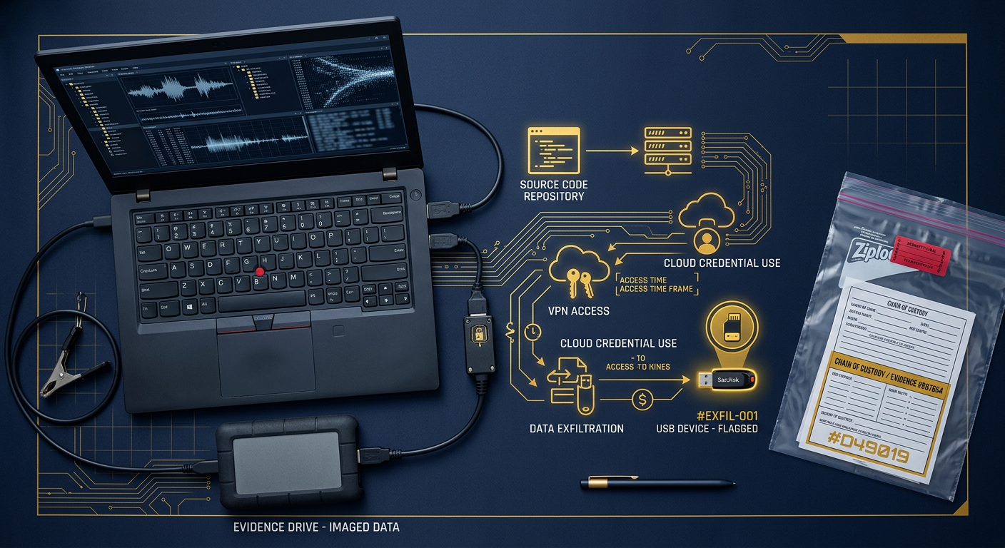 Technology insider-threat forensic workspace showing an imaged corporate laptop, a traced source-code and cloud-access diagram, a flagged USB device, and a sealed chain-of-custody bag