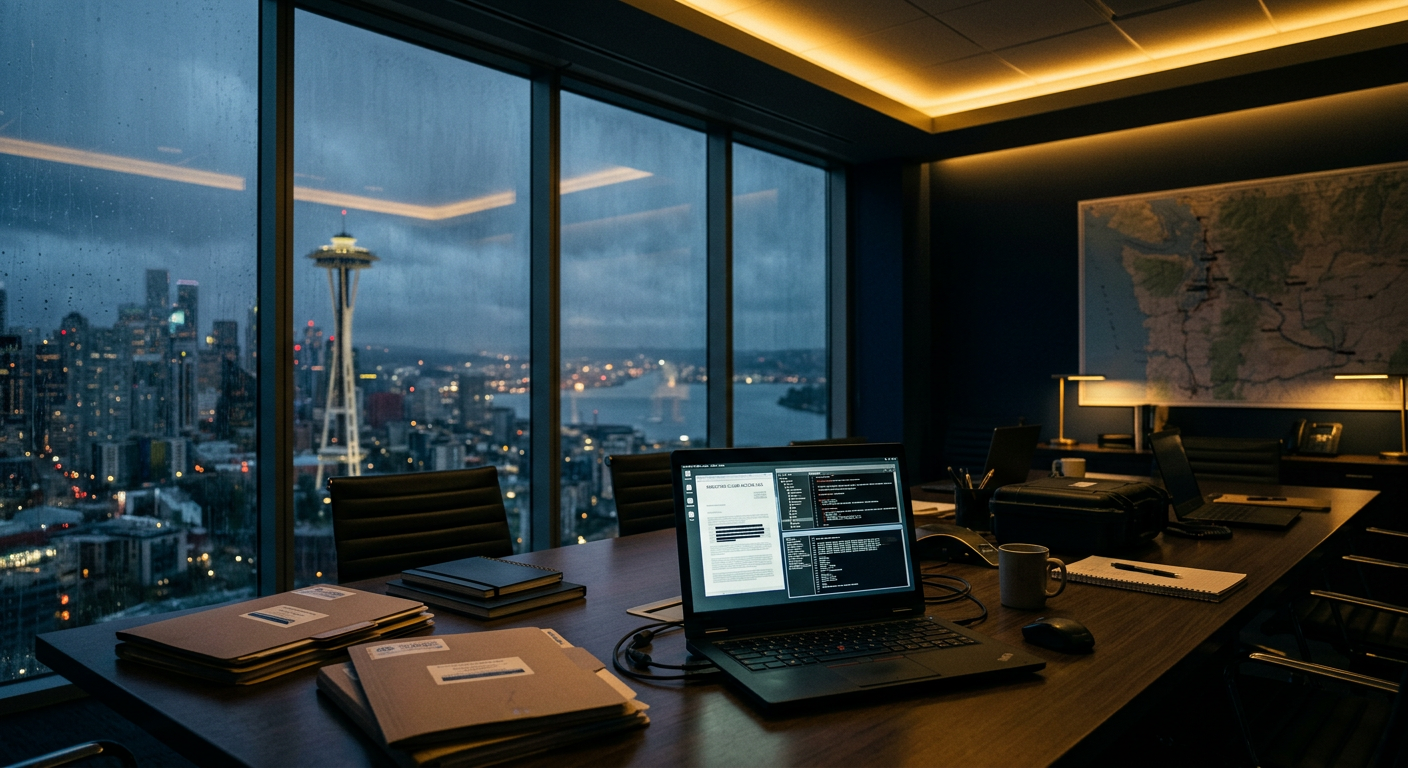 Discreet Seattle corporate investigations command room with sealed evidence folders and a forensic laptop showing cloud-access logs overlooking Puget Sound