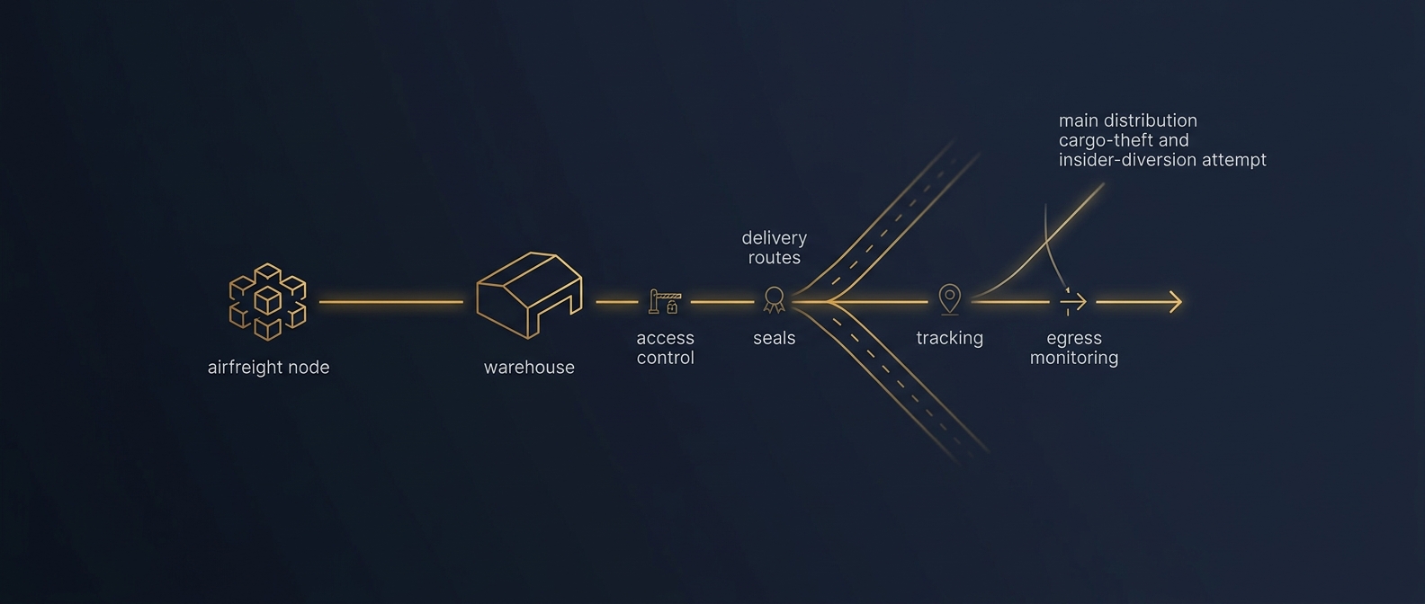 Atlanta supply-chain security concept showing a cargo corridor with access, seal, tracking, and egress checkpoints intercepting a cargo-theft and insider-diversion attempt in navy and gold
