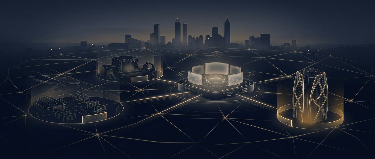 Atlanta corporate security concept showing a protective lattice linking a cargo-logistics hub, a film-production stage, and a corporate headquarters to a central command core in navy and gold