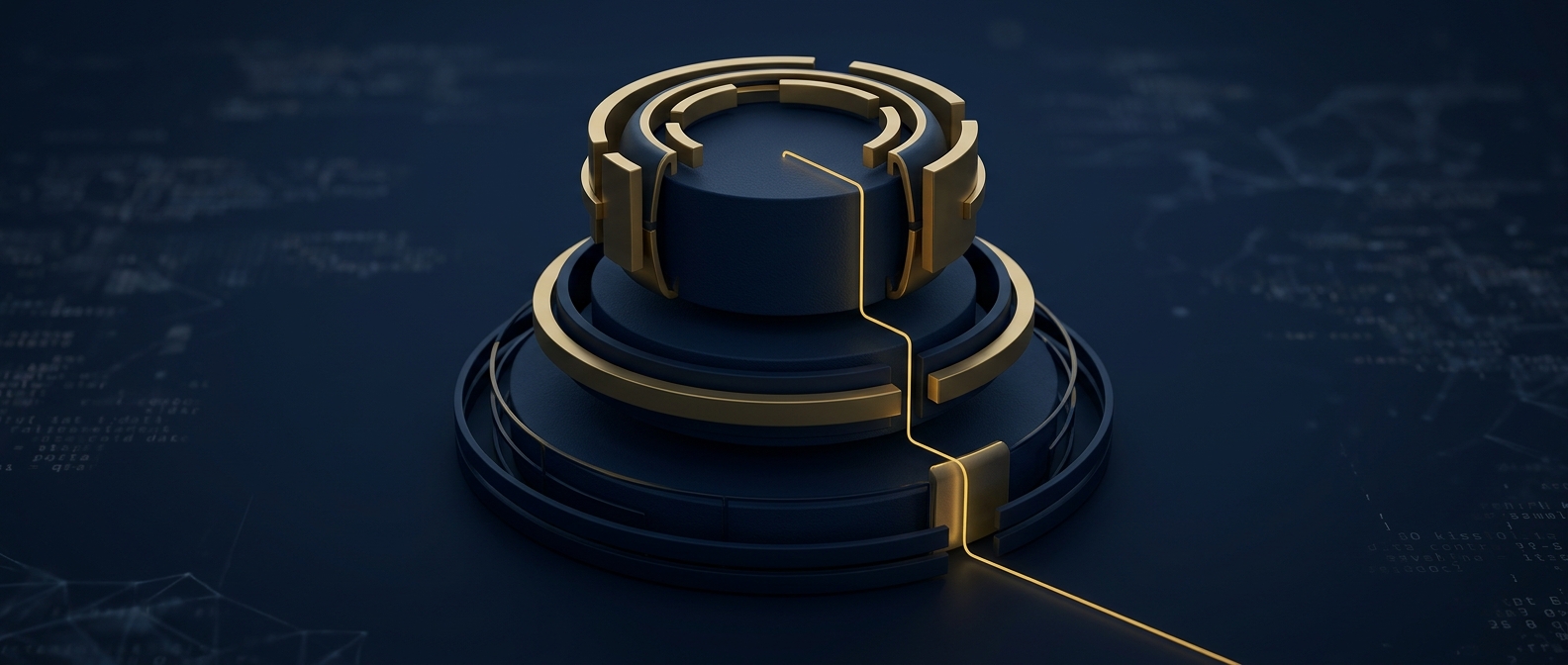 Layered data-classification tiers for export-controlled data, CUI, and classified information wrapped in access, marking, storage, and monitoring controls with an intercepted insider exfiltration path in navy and gold