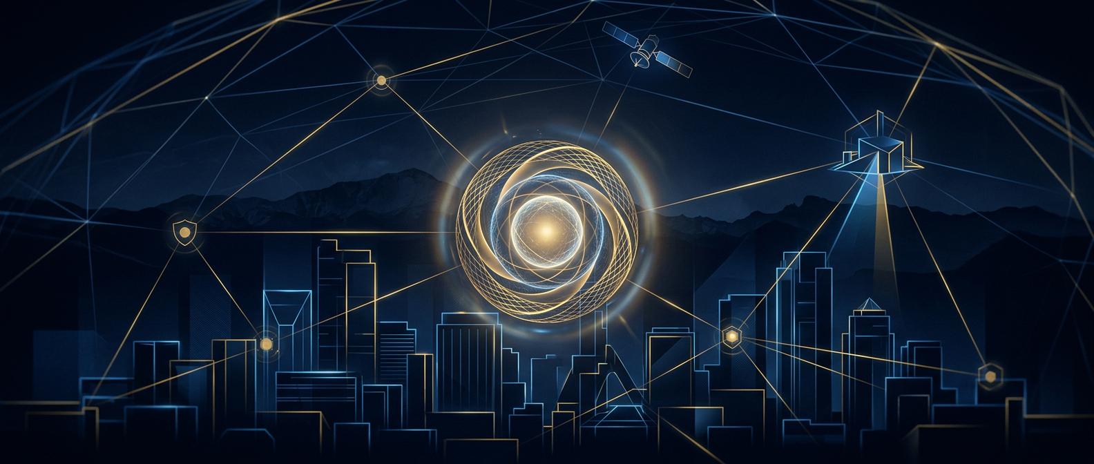 Corporate security concept for Denver tech and aerospace companies showing a protective lattice linking an aerospace facility, satellite, and network nodes to a shielded controlled-data core in navy and gold