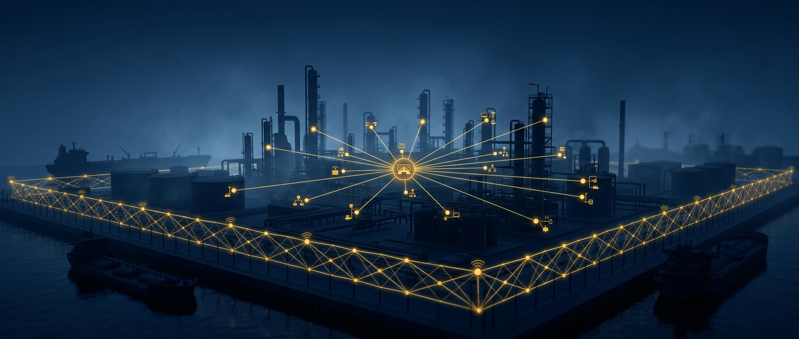 Corporate security concept for a Houston oil and gas facility showing a layered perimeter lattice linking fence-line sensors, a hardened control room, and OT network nodes in navy and gold