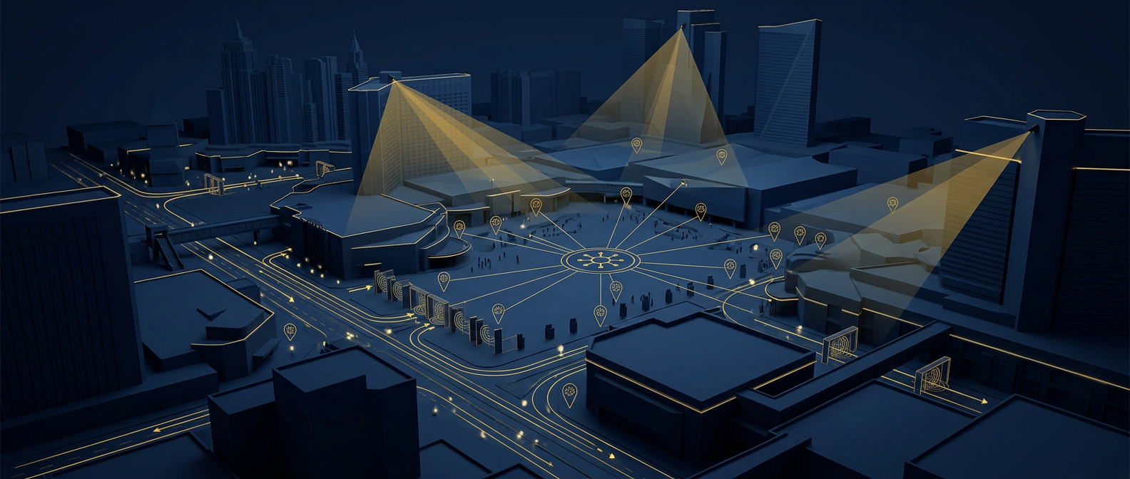 Las Vegas corporate and event security operations concept showing Strip resort towers, convention crowd-flow zones, surveillance sightlines, and a command node in navy and gold