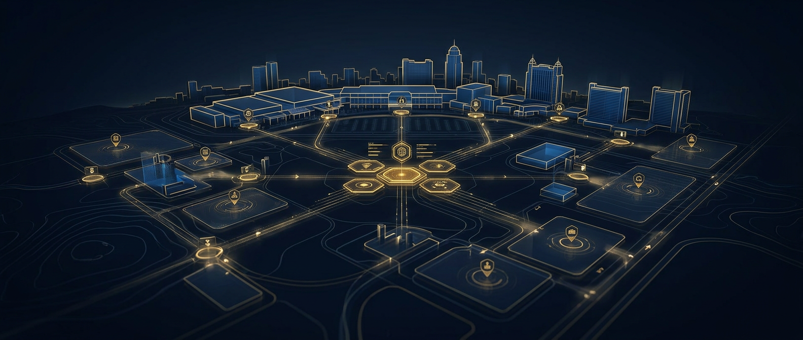 Orlando hospitality and event security operations concept showing convention crowds, access-control zones, and a command node in navy and gold