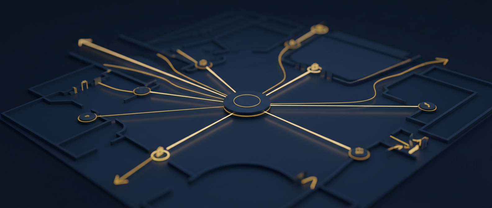 Orlando convention and event security operations concept showing crowd flow, access-control points, and a central command node in navy and gold