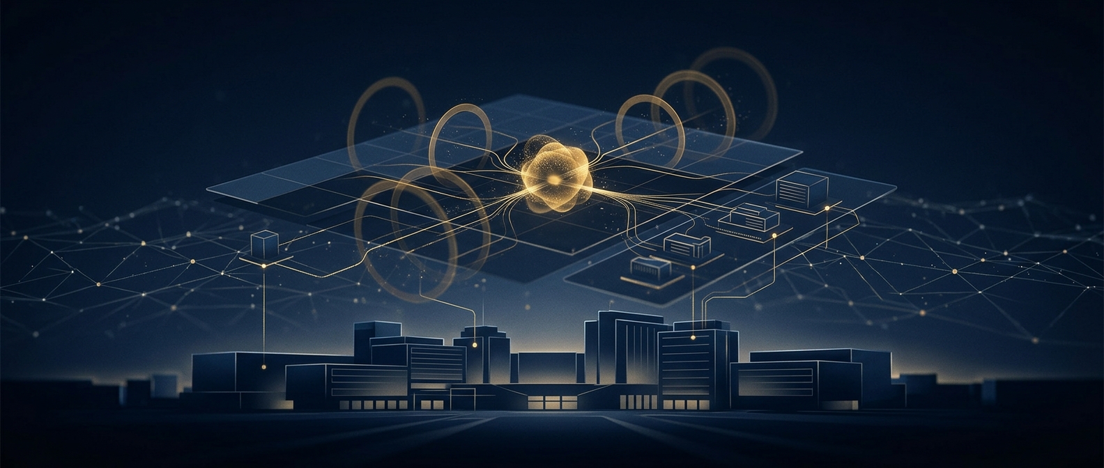 Enterprise security risk assessment concept showing threat, vulnerability, and impact converging on a central risk score in navy and gold