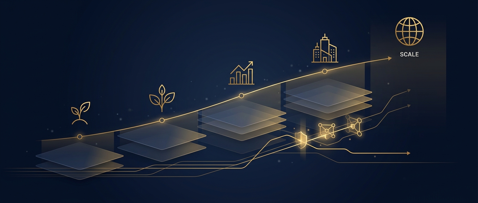 Startup security maturity curve from seed to scale with stacked control layers and an intercepted insider data-exfiltration path in navy and gold