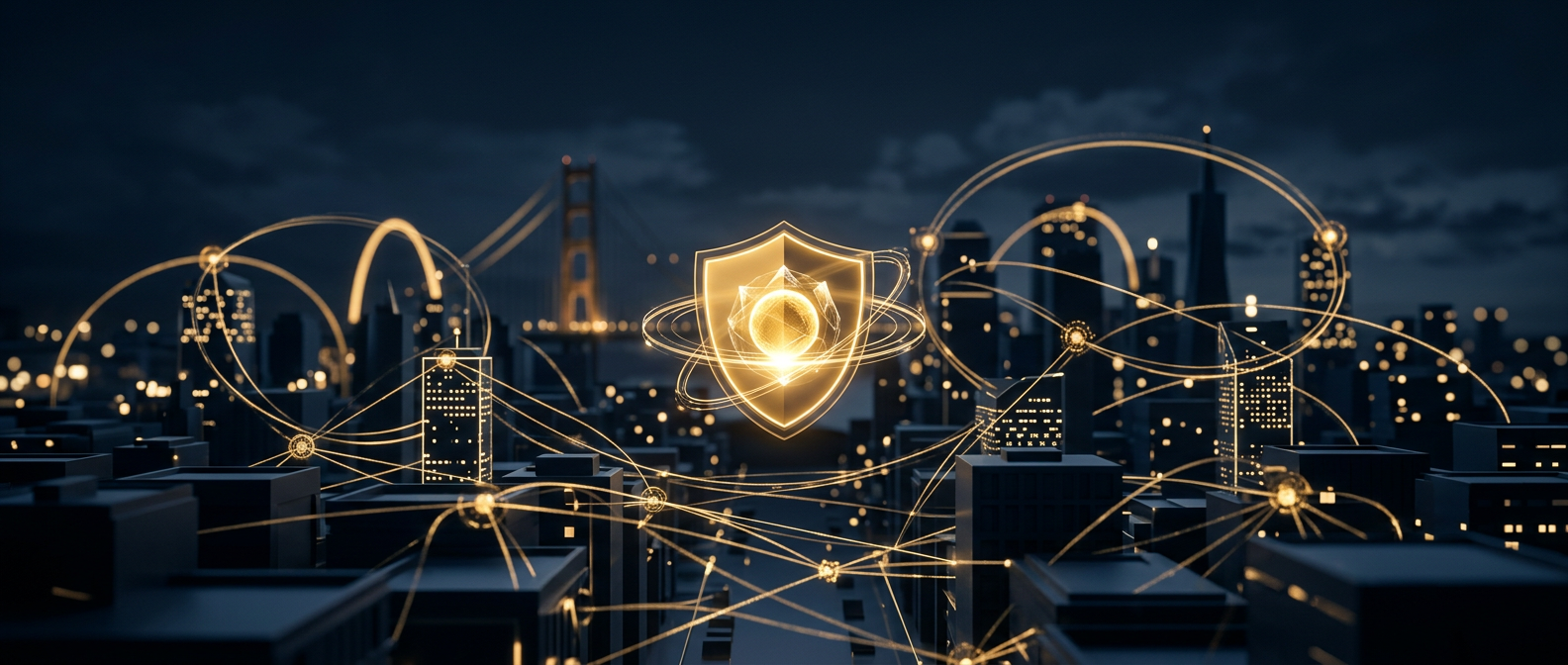 Corporate security concept for San Francisco and Bay Area startups showing a protective lattice linking offices, network nodes, and a shielded intellectual-property core in navy and gold